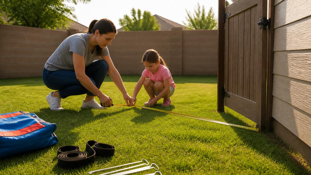 Parent and child using a tape measure in a sunny yard before bounce house delivery.