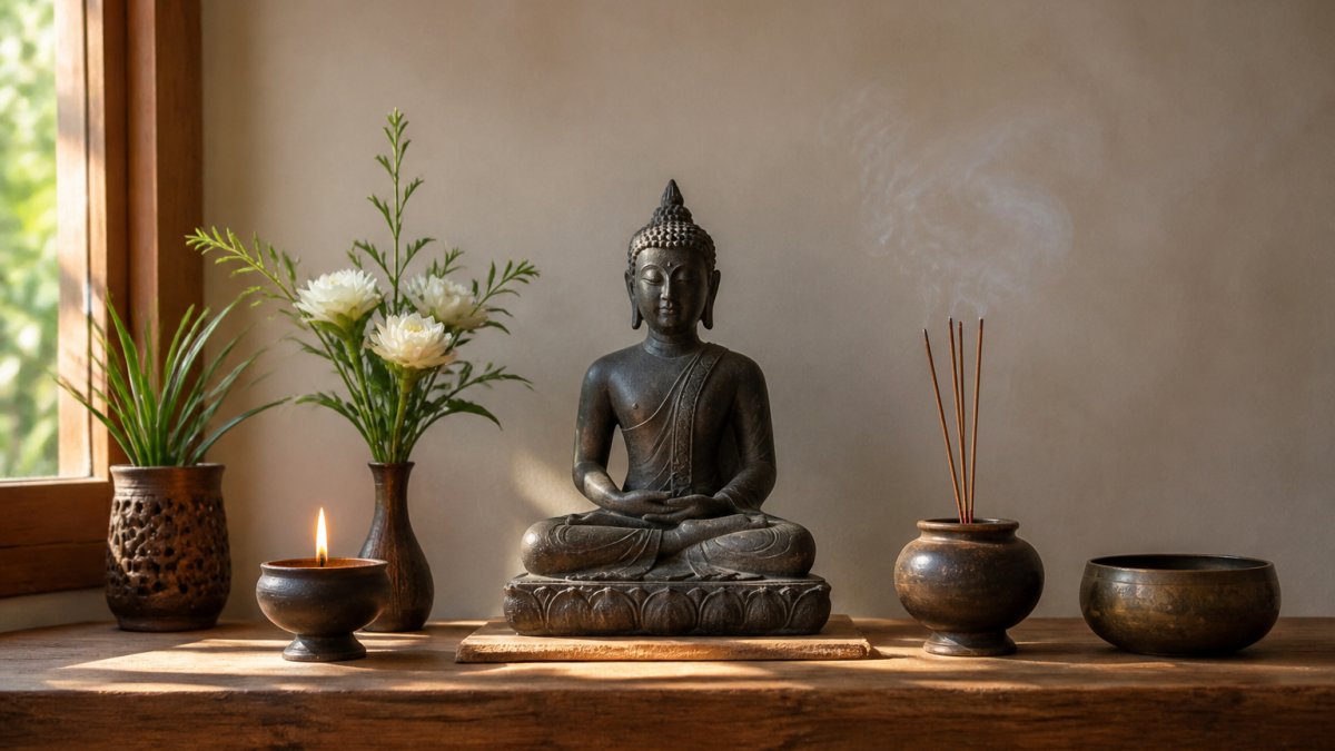 A serene home altar on a wooden shelf with a Buddha statue at center, flanked by a small candle, incense holder, and fresh flowers, soft natural light from a nearby window, calm and uncluttered setting