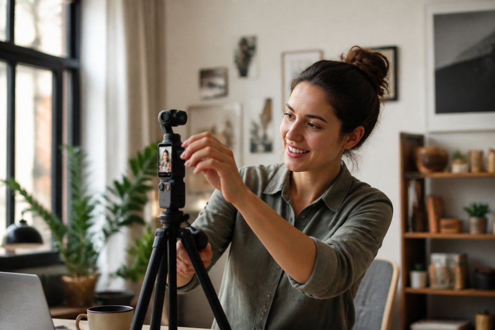 Content creator setting up a professional camera on a sturdy tripod with a flip screen visible, adjusting the frame angle for self-recording in a modern home studio with soft natural light from windows