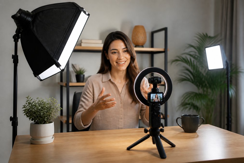 Professional solo filmmaker at desk with three-point lighting setup visible: a large softbox key light positioned at 45 degrees to the left, a fill light on the right side, and a ring light mounted near the camera lens, with camera on tripod and flip screen showing the framed shot