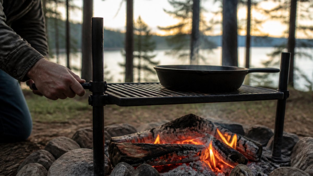 Hand adjusting a carbon steel grill grate over glowing campfire coals with a cast iron skillet nearby