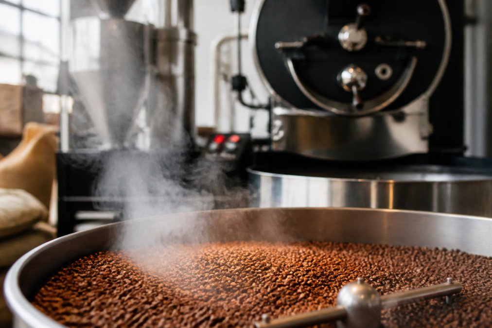 Close-up of freshly roasted coffee beans cooling on a metal tray in a specialty roasting facility, with steam rising and roaster equipment visible in the background