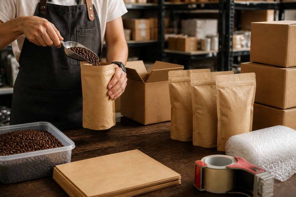 Hands carefully packaging roasted coffee beans into branded kraft bags with one-way valve at a fulfillment station, with shipping boxes stacked nearby and packing materials visible