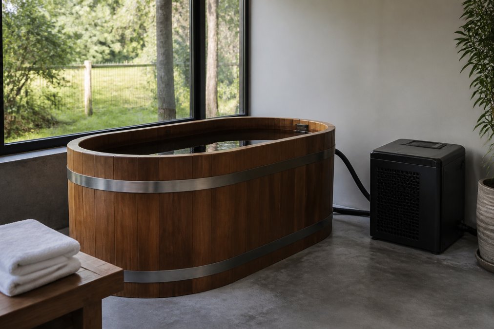 A serene home wellness room with a wooden cold plunge tub positioned on a level concrete floor near a window, with a water chiller unit beside it and a folded towel on a nearby bench