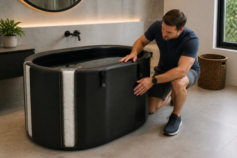 Homeowner examining a premium acrylic cold plunge tub installed on a level surface in a modern bathroom, with white insulation foam visible around the exterior walls and ambient lighting highlighting the clean lines