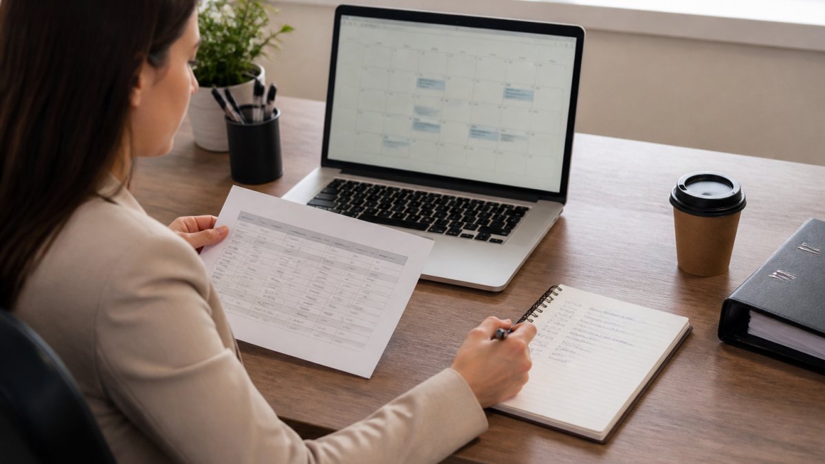 An administrative assistant at a desk reviewing a printed travel schedule and laptop calendar, with a notebook listing airport transfer times and traveler names