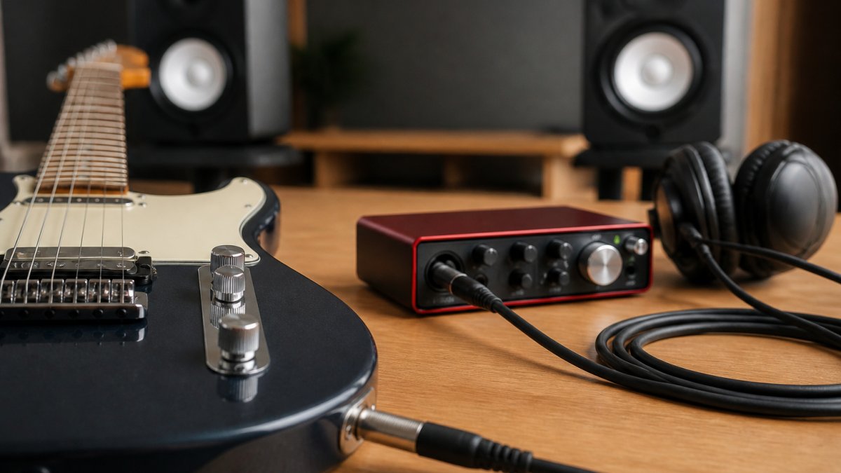 Electric guitar connected to an audio interface on a desk with studio monitors and headphones nearby