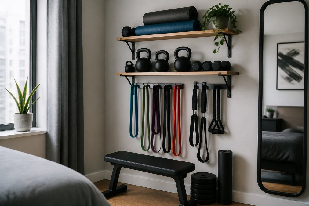 Wall-mounted shelving and storage racks holding resistance bands, kettlebells, and folded yoga mats in a small apartment bedroom or corner space