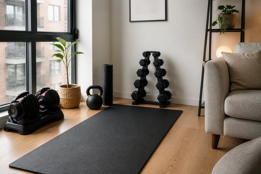 Compact apartment workout corner with adjustable dumbbells, a yoga mat, and minimal equipment arranged neatly in a small living space with natural lighting from a nearby window