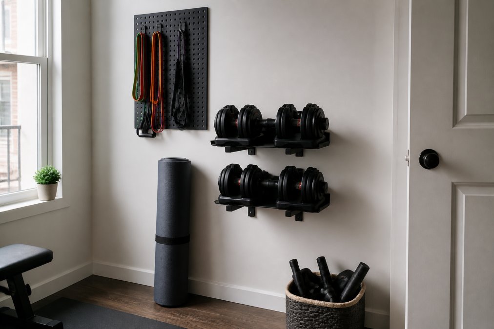 Adjustable dumbbells, resistance bands, and a yoga mat stored in a compact home gym corner to maximize small space.
