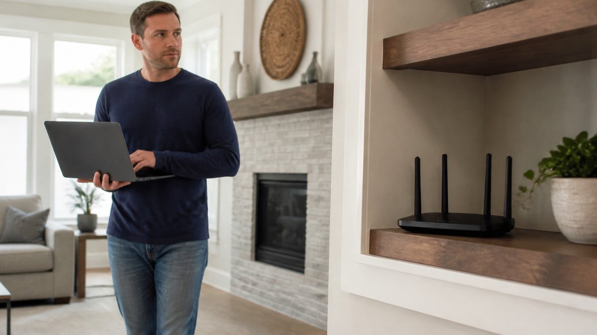 Homeowner checking Wi-Fi signal strength on a laptop while planning a home network setup in the living room