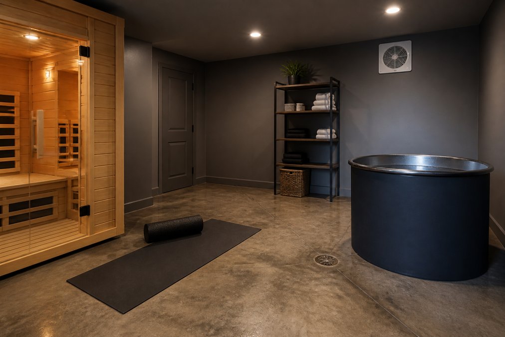 Basement recovery room with cold plunge positioned near a floor drain, infrared sauna in one corner, yoga mat and foam roller on sealed concrete flooring in the stretching zone, with soft ambient lighting and exhaust fan visible
