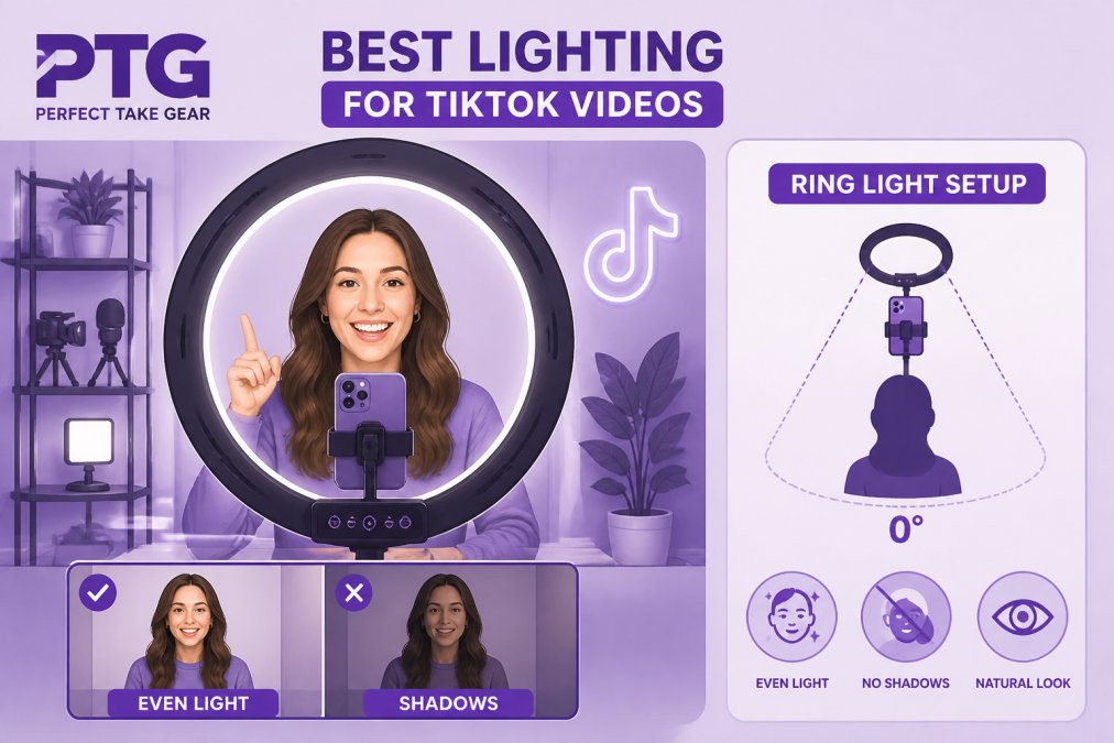 Content creator filming TikTok video with professional ring light positioned in front, showing how light illuminates face evenly and eliminates shadows