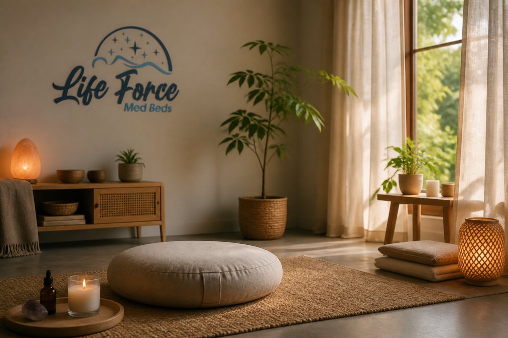 A calm home wellness room with warm ambient lighting, a comfortable meditation cushion, natural wood and linen textures, and a small plant near a window