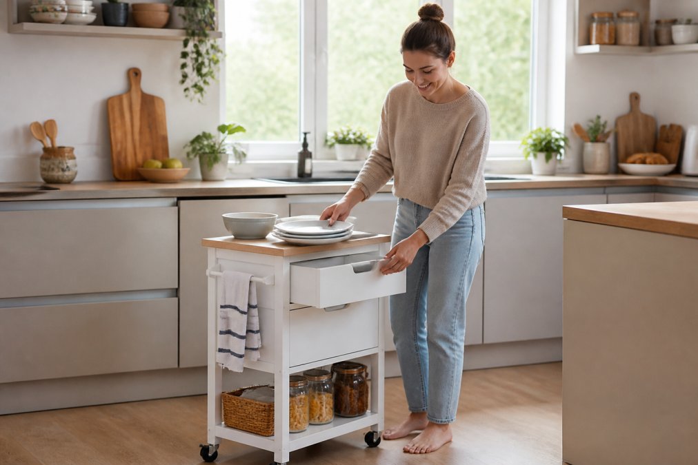 A young woman in a bright modern kitchen placing clean dishes into a white rolling kitchen cart with drawers and a towel rail, natural daylight from a window behind her