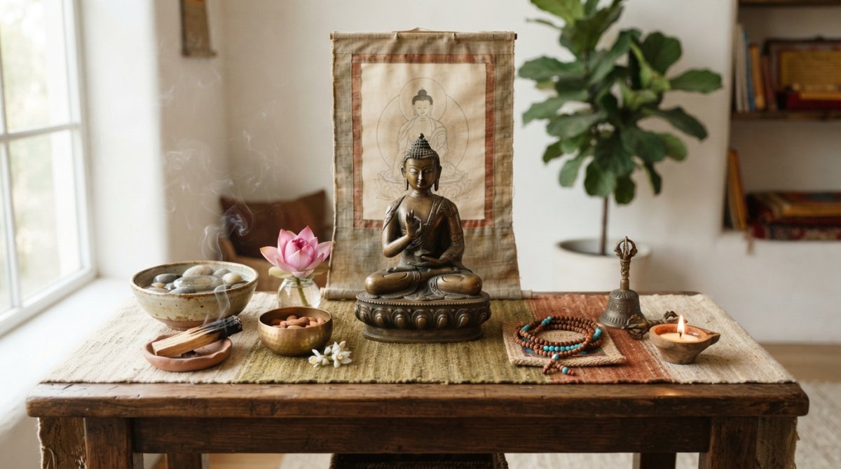 Professional illustration showing Buddhist for how to set up a meditation altar at home