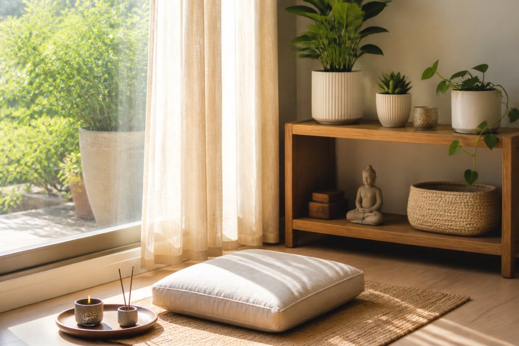 Serene meditation corner positioned beside a large window with soft natural light streaming across a meditation cushion, potted plants on a wooden shelf, and sheer curtains filtering the sunlight into a warm glow