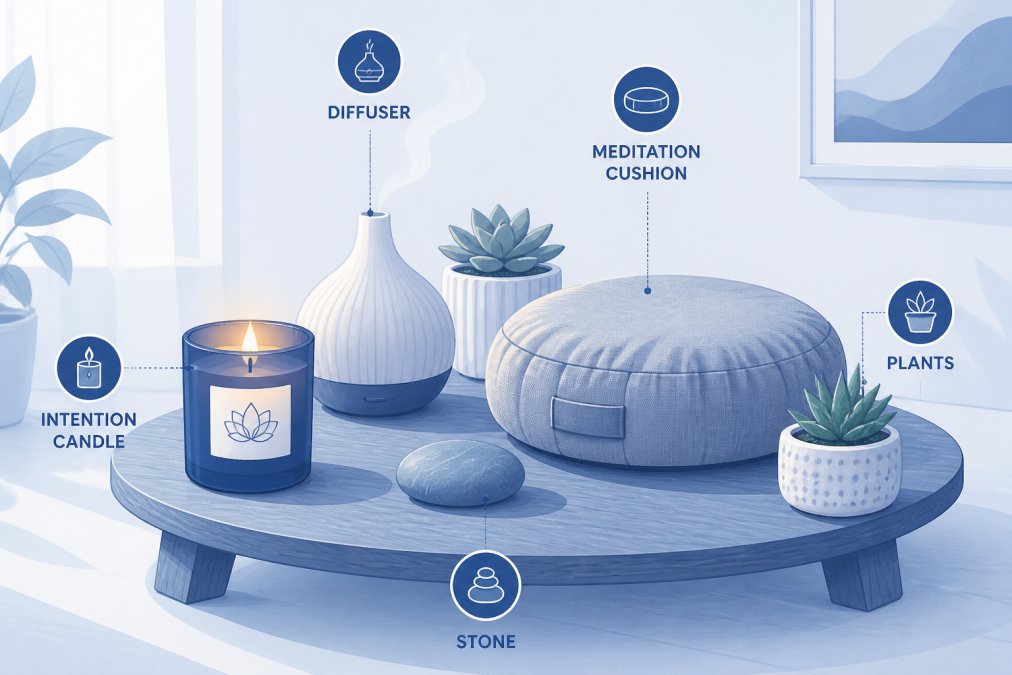 Close-up of meditation essentials arranged on a low wooden table: a lit intention candle with warm amber glow, a small ceramic diffuser releasing subtle mist, a meditation cushion in natural linen, potted succulents, and a smooth stone, all arranged in an intentional, clutter-free composition with soft natural light