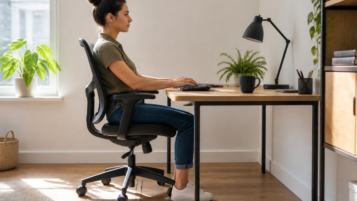 Person seated at ergonomic workspace with feet flat on floor, knees at 90 degrees, back supported by chair, shoulders relaxed, arms resting naturally on desk surface with proper lighting
