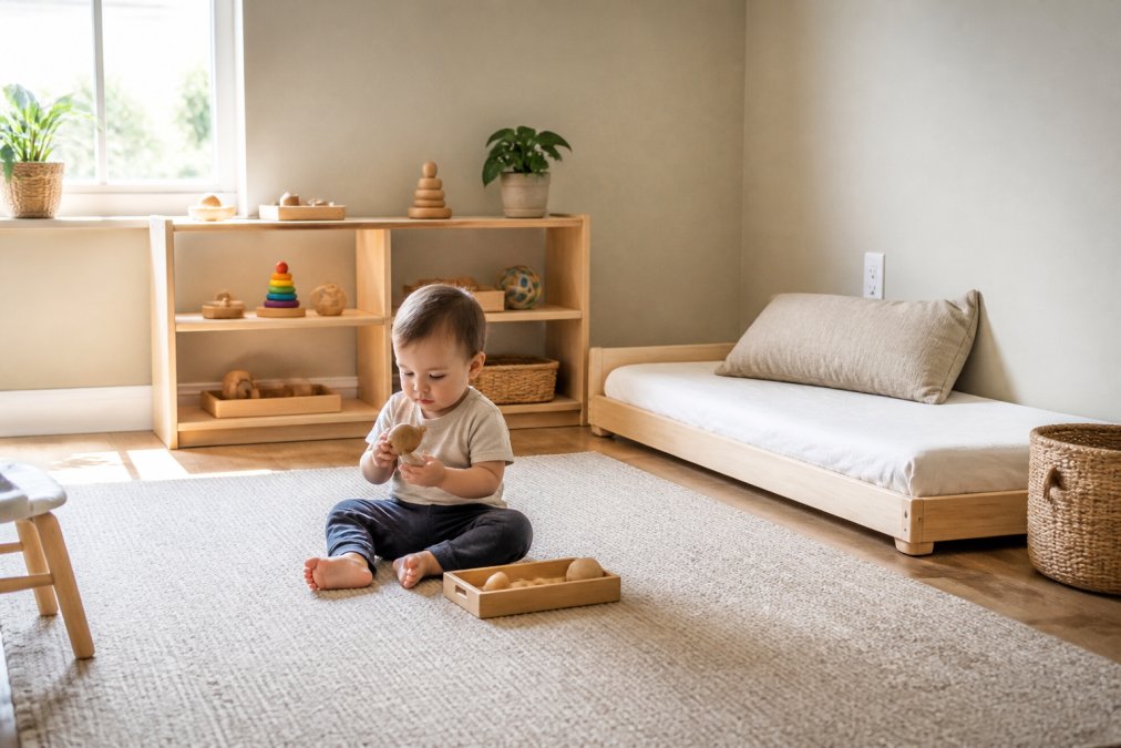 Bright, minimalist nursery with a low floor bed on natural wood frame, open wooden shelving with a few carefully selected toys, soft neutral walls, natural daylight from window, and a toddler sitting independently on the floor examining a wooden toy