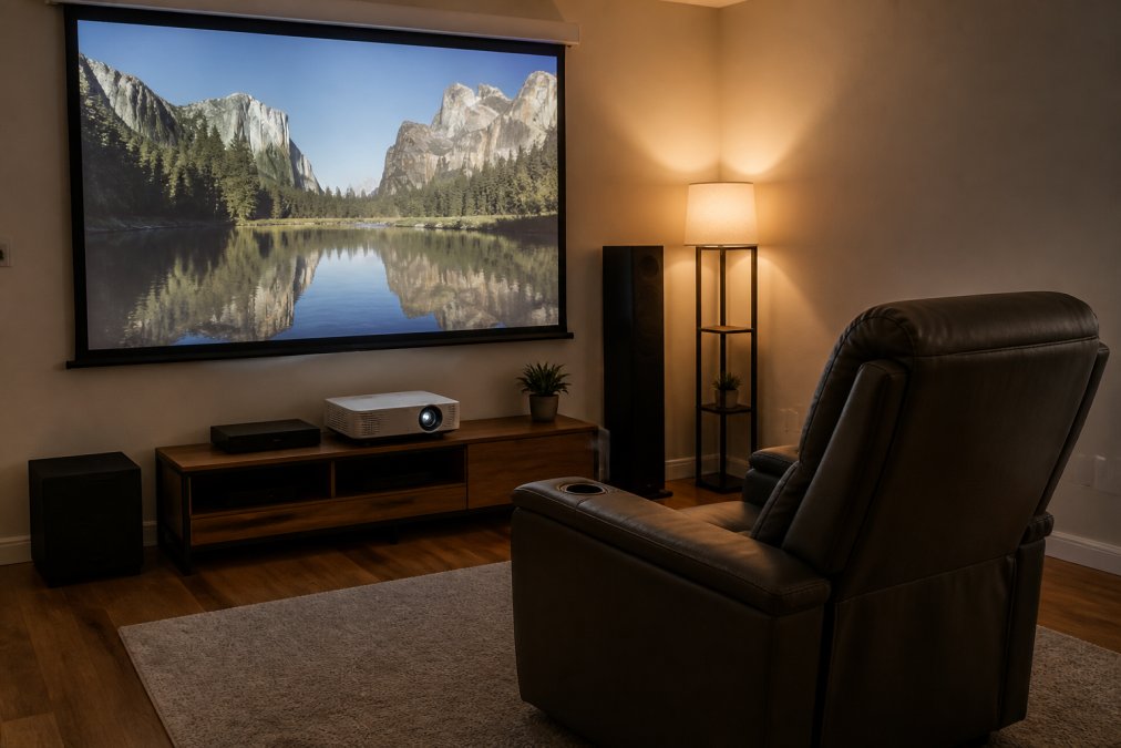 A cozy living room with a compact projector on a low media console projecting a bright, clear image onto a wall-mounted screen, with a comfortable power recliner facing it and warm ambient lighting