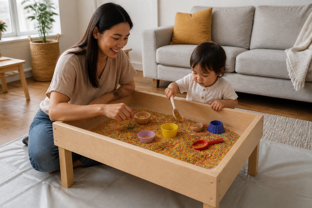 A parent and toddler playing together at a wooden sensory table filled with colourful rice and scooping tools, in a bright living room with a washable mat underneath