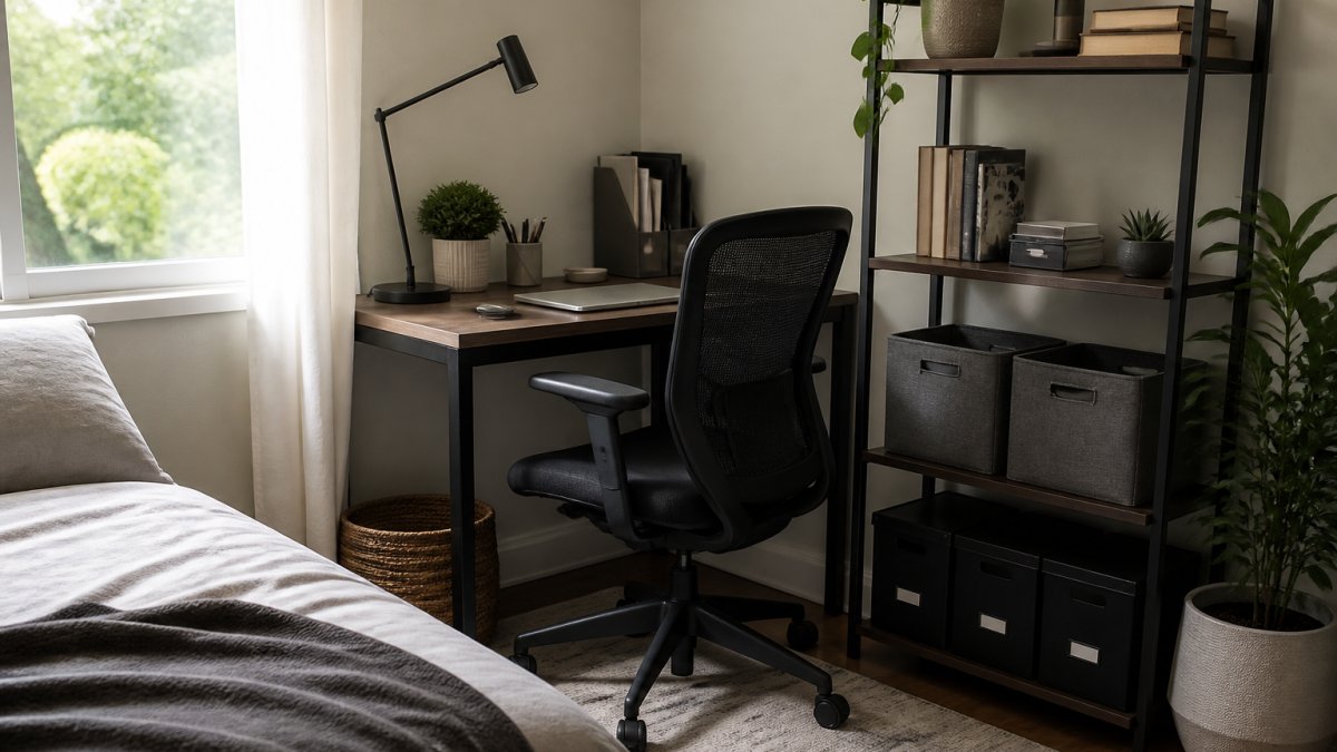 Compact small office home office setup with a desk and ergonomic chair in a sunlit bedroom corner