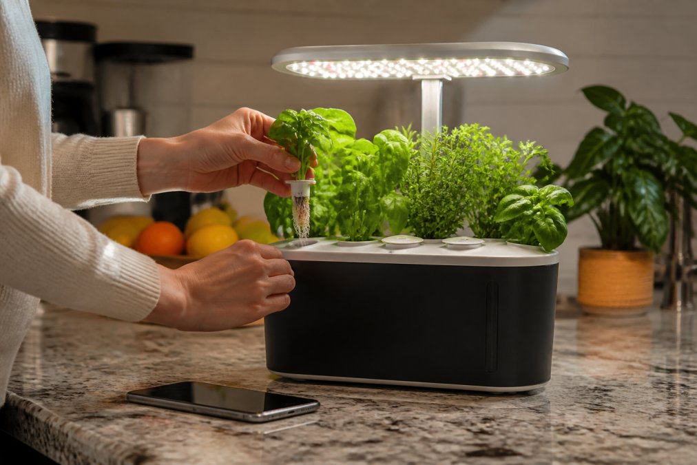 Hands inserting a plant pod into a smart garden setup with a mobile app controlling the grow lights