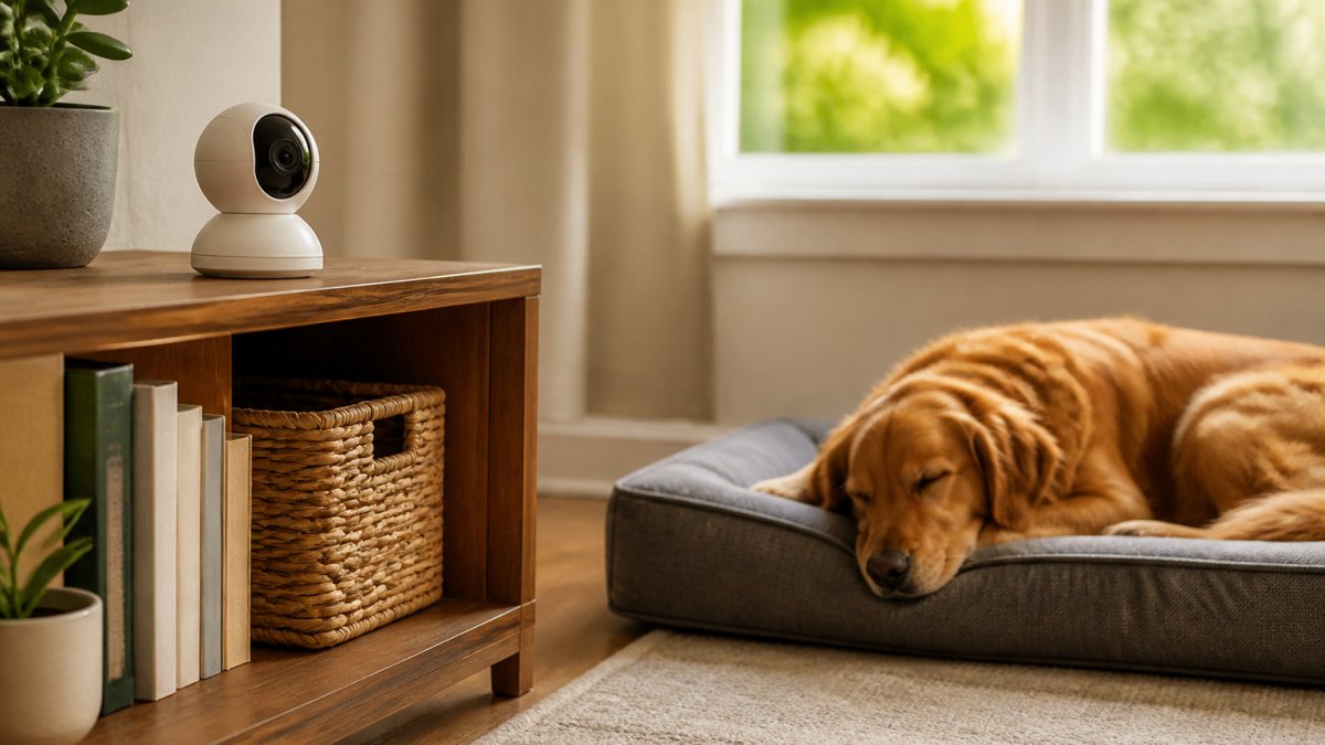 A pet camera mounted on a low shelf in a bright living room, positioned to capture a dog resting on a nearby bed, with natural window light illuminating the space