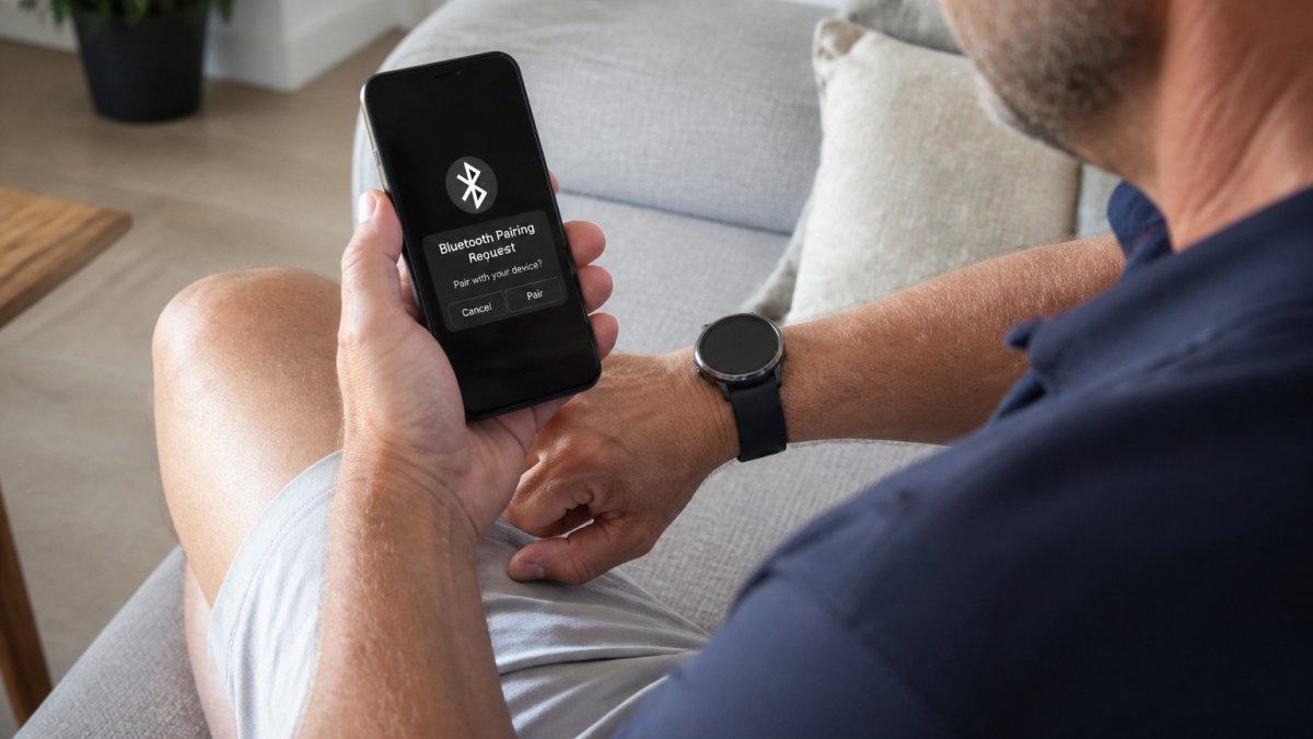 Diagram showing the process of pairing a smartphone via Bluetooth to a smartwatch worn on a person's wrist