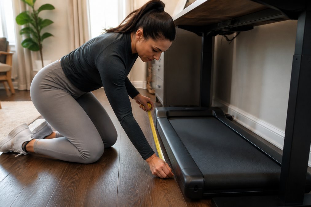A person kneeling on a hardwood floor in a small home office, using a tape measure to check the width of a compact foldable walking pad tucked beside a standing desk