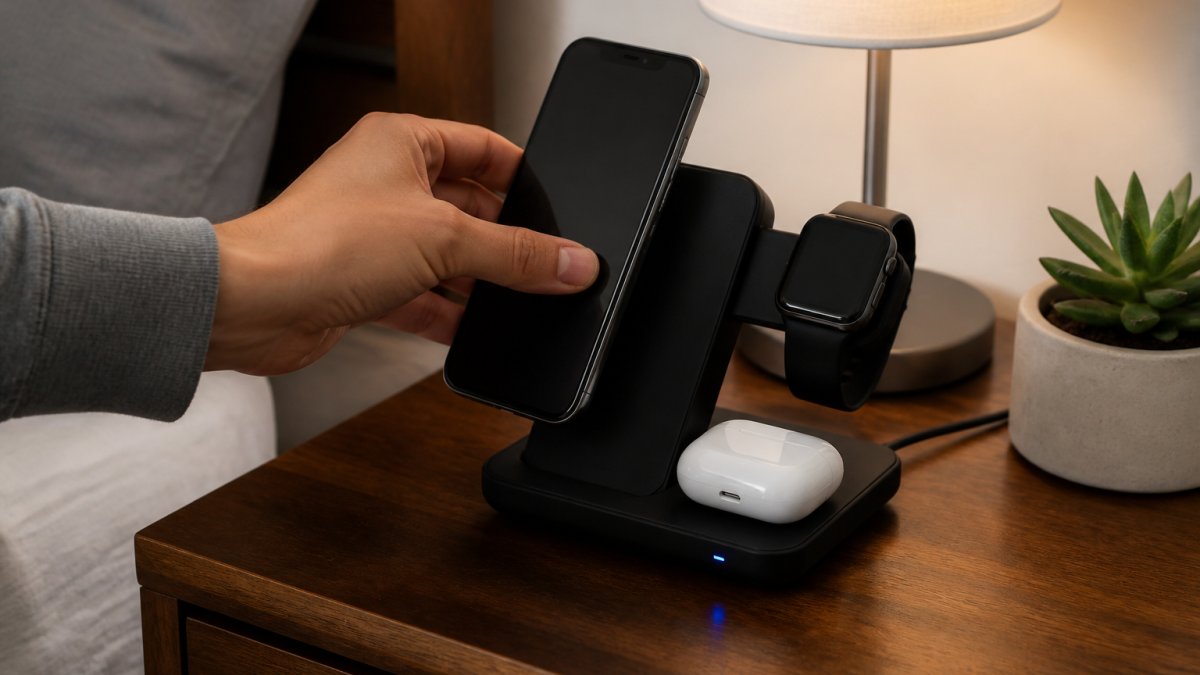 Person placing a smartphone onto a foldable 3-in-1 wireless charging stand on a wooden nightstand