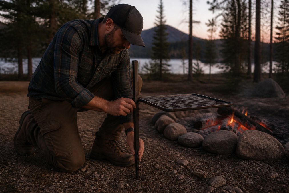 Camper securing an adjustable campfire grill stake into the ground by a glowing fire pit at dusk.