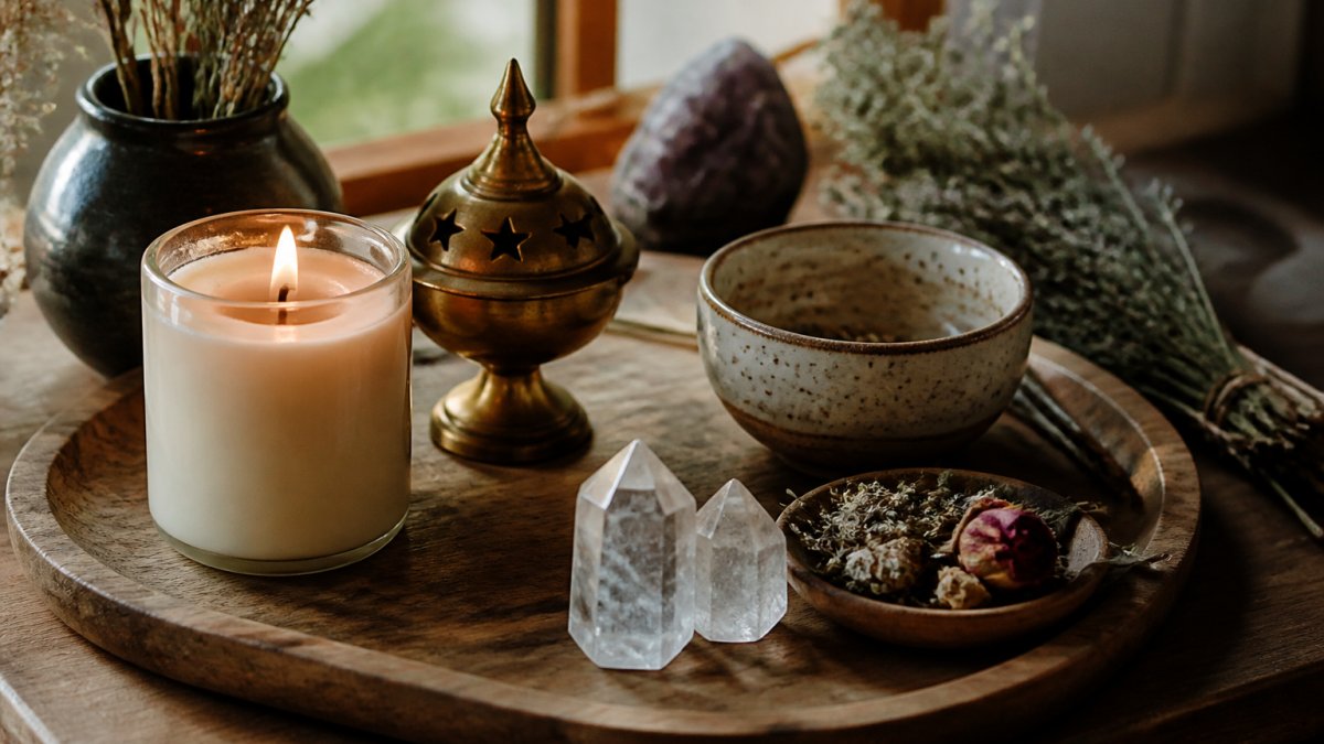 Close-up photograph of a personal altar surface with a lit soy candle, a small brass incense burner, a ceramic offering bowl, dried herbs, and clear quartz crystals arranged on a wooden tray in soft window light