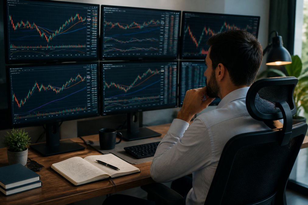 Trader sitting at desk with multiple monitors displaying live market charts, candlestick patterns, moving averages, and real-time trading data with trading journal notebook visible