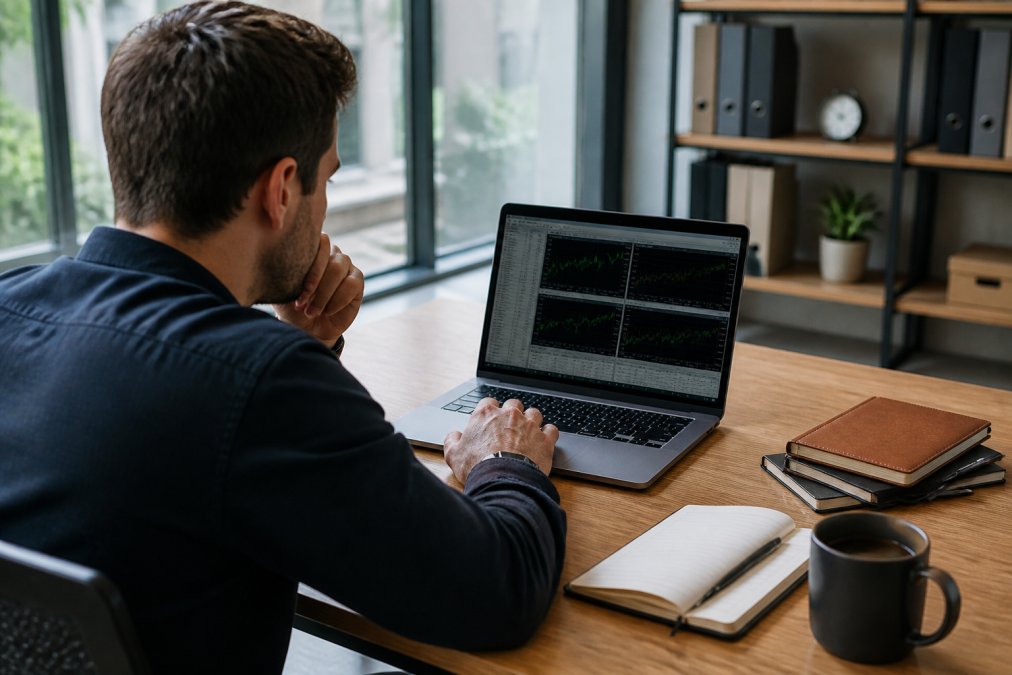 Professional trader monitoring live automated trading system on laptop with coffee cup, trading journal, and market analysis charts visible on screen in modern office setting with natural daylight