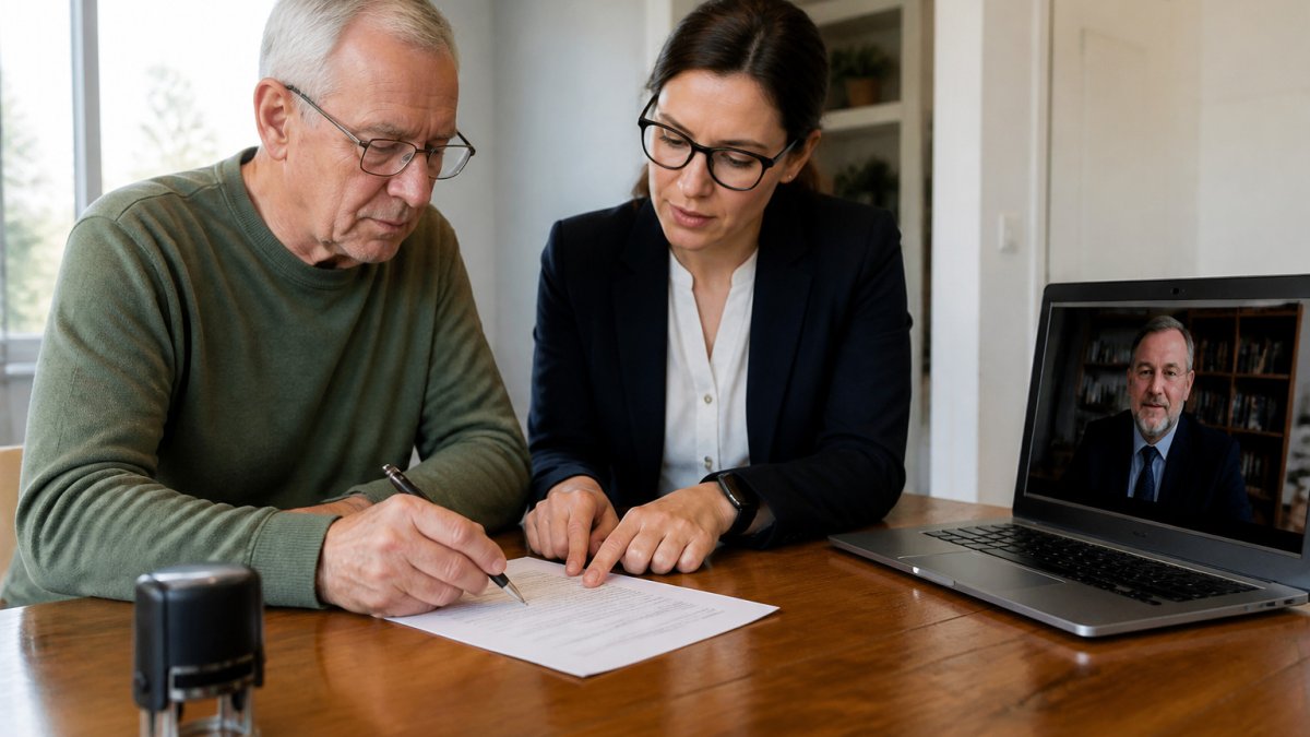 Step-by-step flowchart showing the process of reviewing and signing an enduring power of attorney form with a notary.