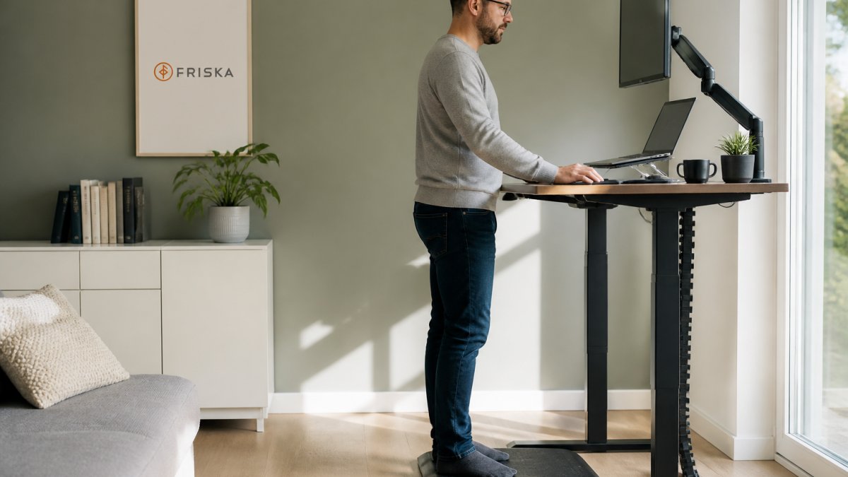 A person working at a height-adjustable standing desk in a bright home office, laptop raised on a stand, monitor arm holding a screen at eye level, anti-fatigue mat underfoot