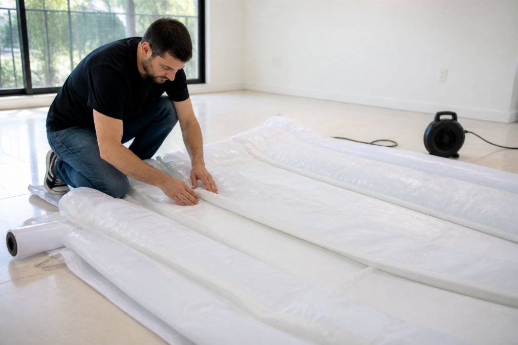 Person carefully unfolding an inflatable photo booth enclosure on a clean white floor, examining seams and material quality with natural daylight streaming through windows