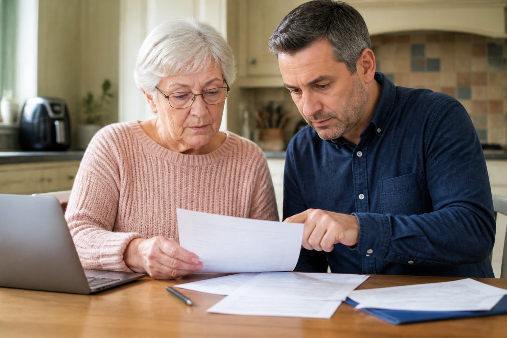 An older parent and adult child sitting together at a kitchen table reviewing paperwork, with a laptop and pen nearby, in a warm home setting