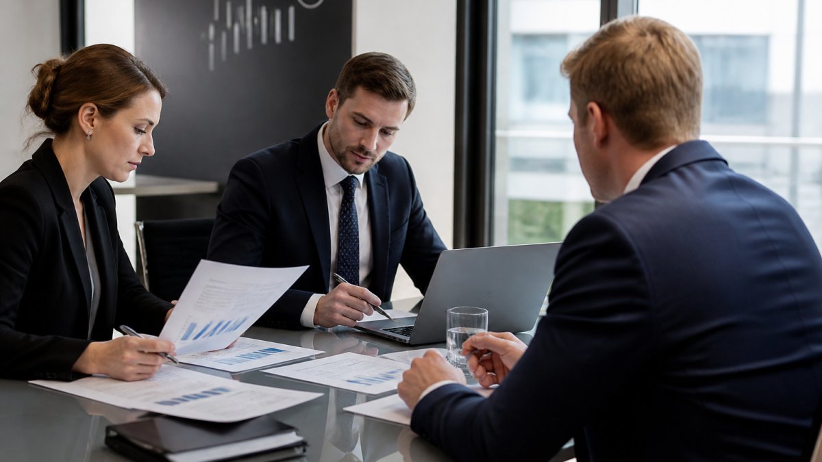 Professional finance team reviewing governance documents and compliance reports in a modern office setting with laptops and printed materials on the table