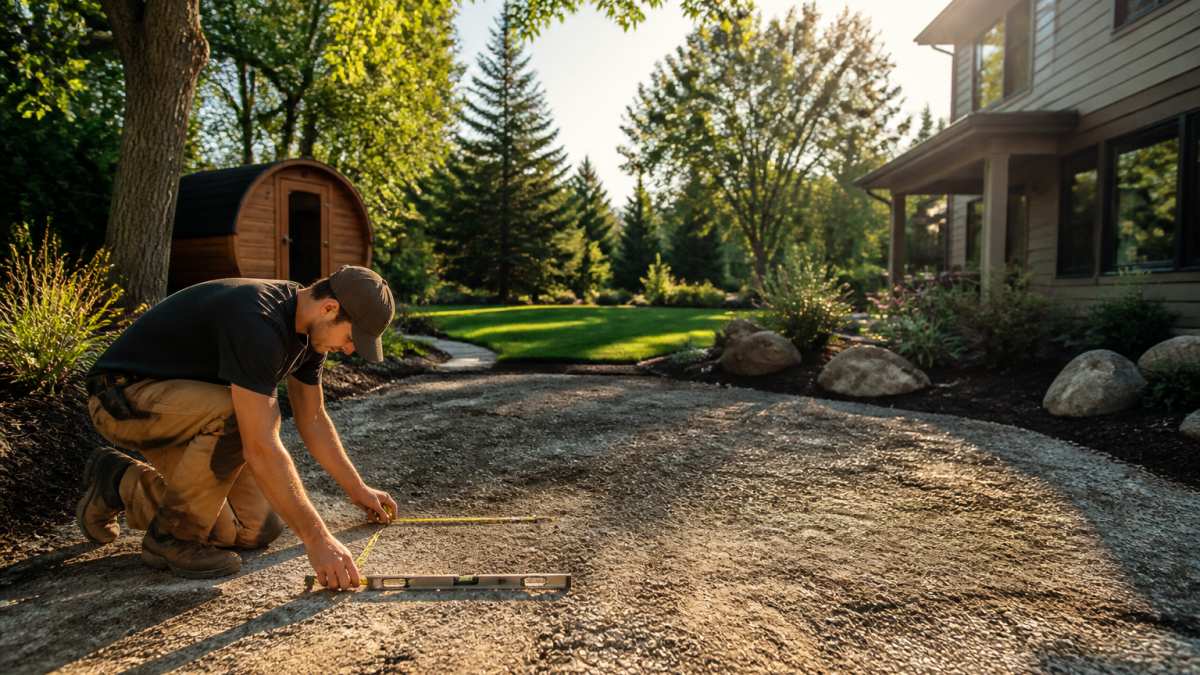 Backyard space with level ground, measuring tape and level tool visible, clear sight lines to the home, mature trees and landscaping in background, afternoon sunlight