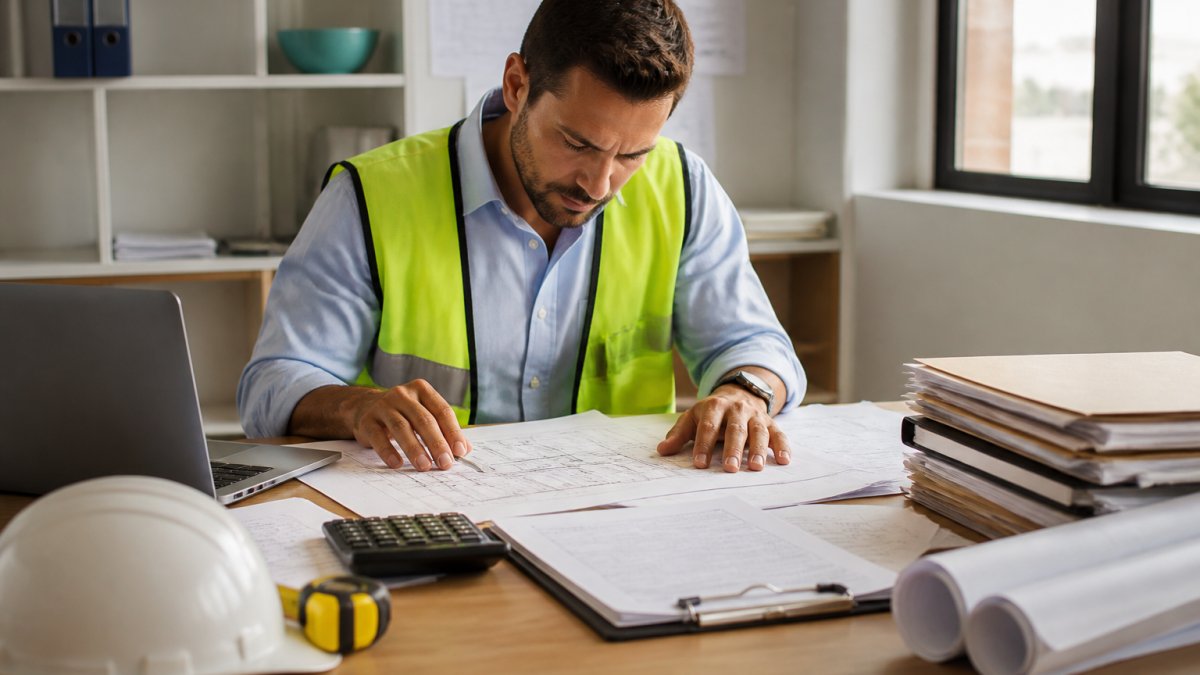 Construction project manager reviewing blueprints and financial documents at a desk with a laptop, calculator, and organized folders near a window with natural light