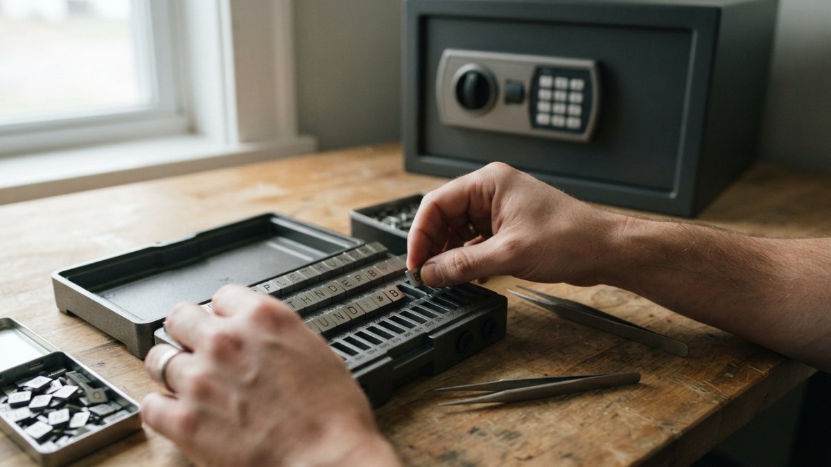 Close-up of hands carefully placing metal seed phrase letter tiles into a fireproof storage device, with a security safe visible in the blurred background