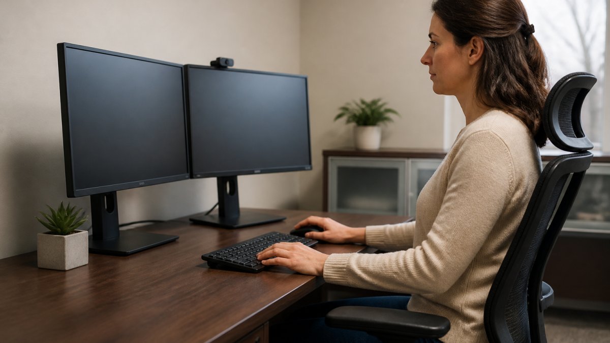 A person sitting at a desk with two monitors positioned at eye level, hands on keyboard, side profile view showing proper neck alignment and posture