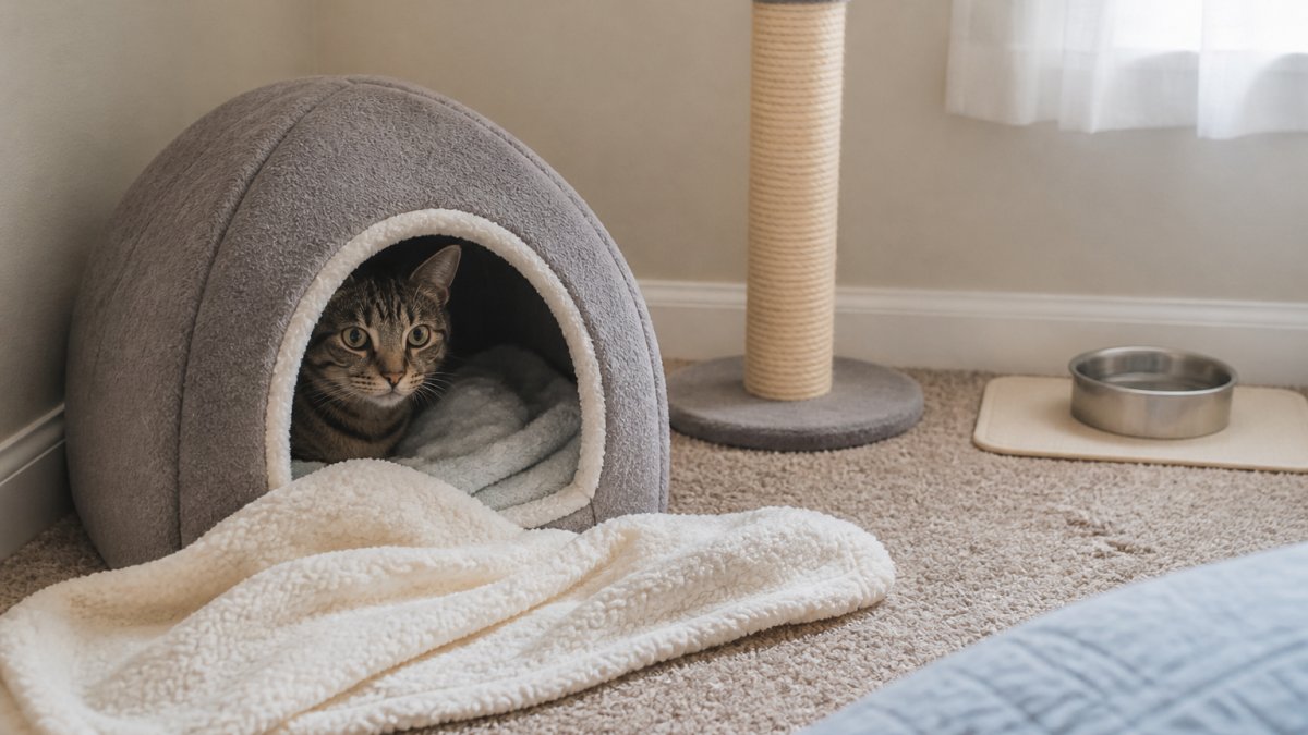 Shy tabby cat peeking from a cozy covered bed in a quiet room with a scratching post and water bowl nearby.