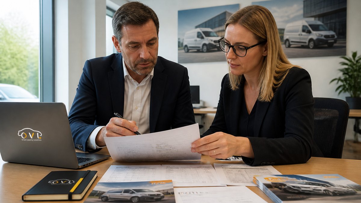 Finance director and operations manager reviewing EV salary sacrifice scheme documentation and payroll integration at desk in modern office with laptops and fleet materials visible