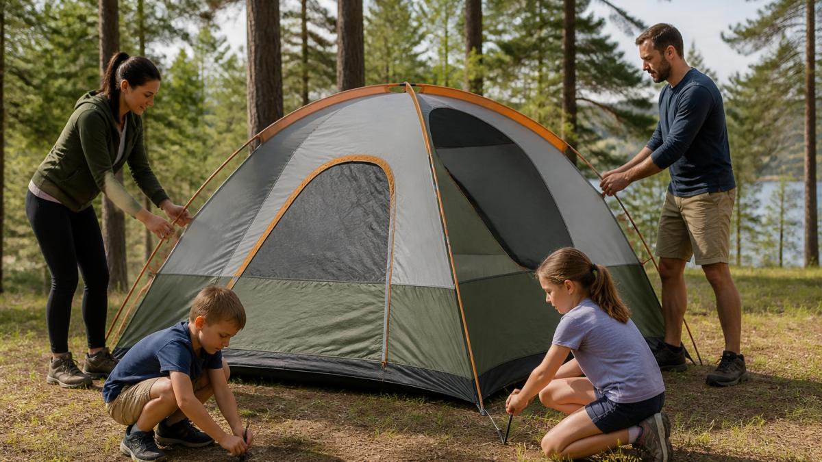 Family of four working together to assemble a large dome tent at a campsite, with parents holding tent poles while children help secure guy lines on level ground, natural daylight