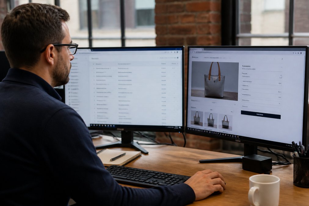 A digital analyst at a desk with two monitors, one showing a tag management interface with event tags listed and the other showing a website checkout page, notepad and coffee nearby