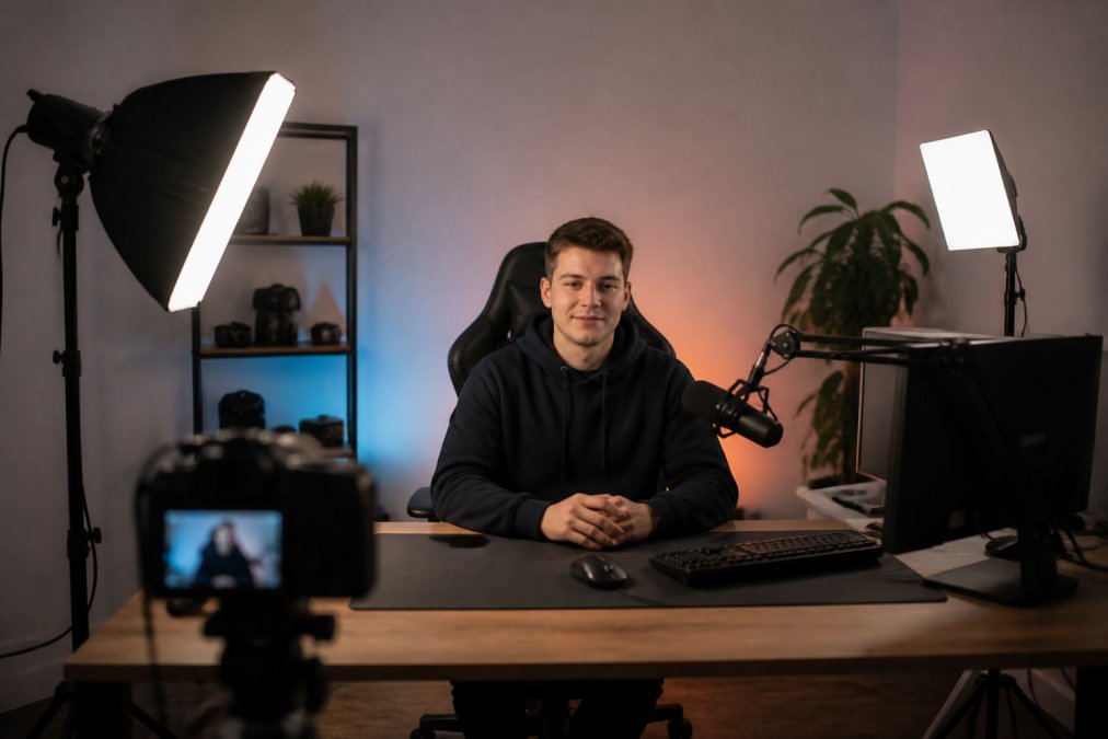 A streamer seated at a desk with a key light on the left, a softer fill light on the right, and a backlight behind them creating separation from the background, with a camera mounted in front and RGB ambient glow visible on the wall